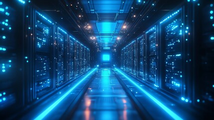 Obraz premium Futuristic AI supercomputer in a hightech lab, emitting holographic blue data and neon cybernetic cables, scifi supercomputer, AIdriven future technology