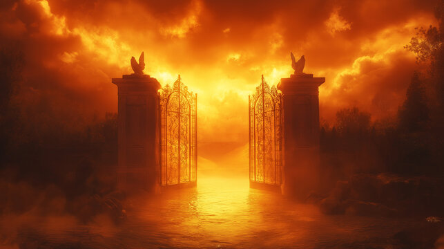 Gates of Heaven, an artistic rendering of gates, symbolizing the closing moments of judgment, with copy space, Yom Kippur