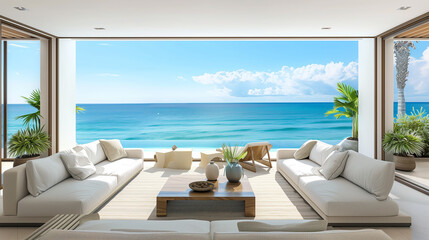 Coastal living room with a large picture window centered behind the sofa, overlooking the ocean and featuring neutral, beach-inspired decor. © Ali
