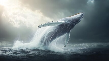 Fototapeta premium A humpback whale breaches the surface of the ocean, creating a spray of water against a dramatic stormy sky.