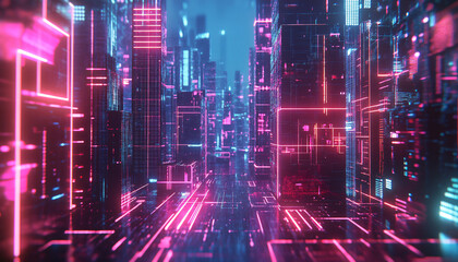 Fototapeta premium A retro-futuristic design with neon grids, VHS glitches, and pixelated elements, taking inspiration from 80s sci-fi movies and video games