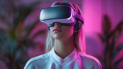 Fototapeta premium A serene young woman meditating in a futuristic virtual environment hues of pink
