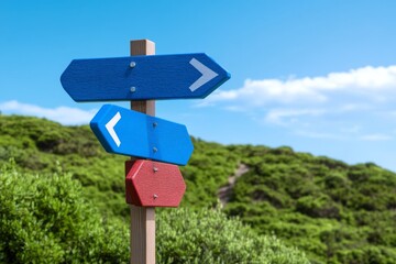 Colorful Directional Signs on Green Hill, Beautiful Blue Sky, Outdoor Navigation Inspiration