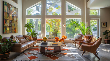 Obraz premium Eclectic living room with diamond-shaped windows, providing an artistic touch and accentuating the bold furniture arrangement.