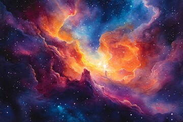 Fototapeta premium Watercolor Painting of Swirling Nebula: Vibrant Colors and Celestial Dust