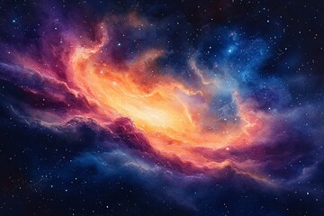 Watercolor Painting of Swirling Nebula: Vibrant Colors and Celestial Dust