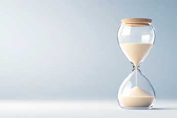 A sand timer is sitting on a table. The sand is almost gone, and the timer is almost empty. Concept of time passing quickly and the importance of making the most of the time we have
