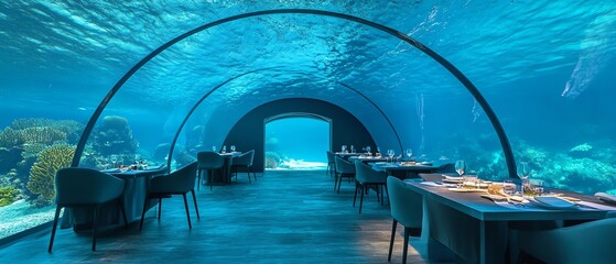 Underwater world blends with gastronomy, colorful coral reefs intertwined with gourmet dishes, surreal beauty