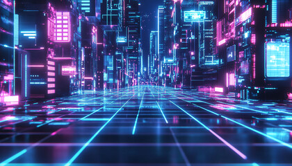 A retro-futuristic design with neon grids, VHS glitches, and pixelated elements, taking inspiration from 80s sci-fi movies and video games