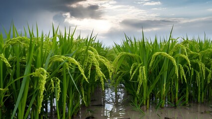 Fototapeta premium Vibrant rice paddy field glistening after summer rainstorm