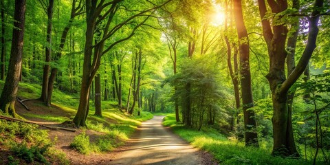 Obraz premium Sunlight filtering through the canopy of a dense forest illuminates a path winding through the trees