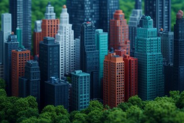 Obraz premium Vibrant Miniature Cityscape with Colorful Skyscrapers, Lush Greenery, Detailed Urban Model