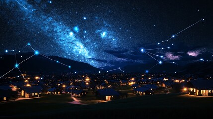Wide-angle view of a rural village illuminated by futuristic technologies, starlit sky overhead, vibrant colors, serene atmosphere