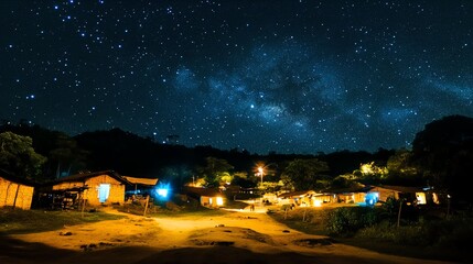 Fototapeta premium Wide-angle view of a rural village illuminated by futuristic technologies, starlit sky overhead, vibrant colors, serene atmosphere