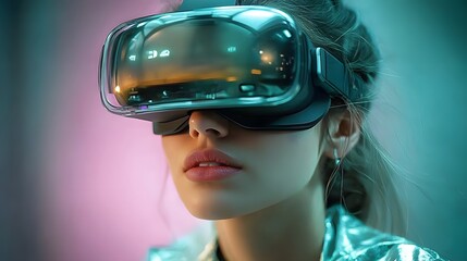A young woman exploring a holographic jungle through her VR viewer hues of pink and blue