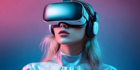 A young woman exploring a holographic jungle through her VR viewer and hues of colors