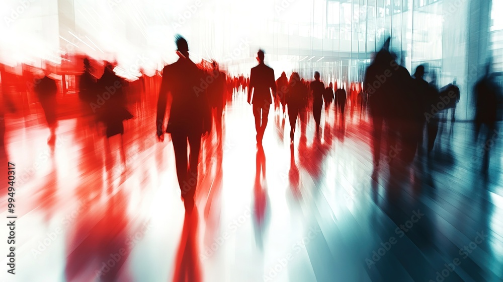 Poster A blurred, abstract image of silhouettes in red tones, depicting a crowd in motion within an urban environment.