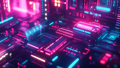 Obraz premium A retro-futuristic design with neon grids, VHS glitches, and pixelated elements, taking inspiration from 80s sci-fi movies and video games