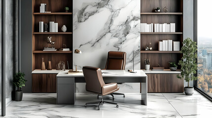 Modern Office Design with Marble Walls and Wooden Accents