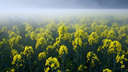 Misty Spring Morning in a Blooming Canola Field