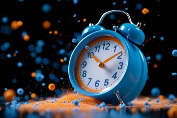 Fototapeta premium Vivid Blue Alarm Clock Shattering with Blue Foam Exploding Around It, Capturing the Concept of Time, Urgency, and Dynamic Change Against a Turquoise Background