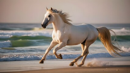 Majestic white stallion galloping along beach at sunrise