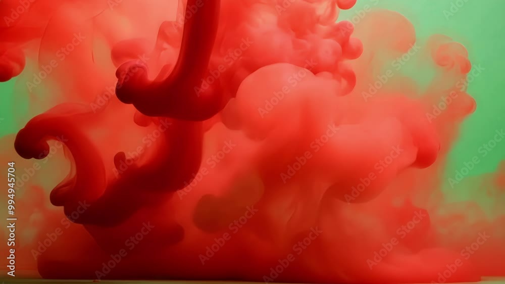 Poster red ink swirls and mixes on a green screen, creating mesmerizing abstract shapes for visual effects 