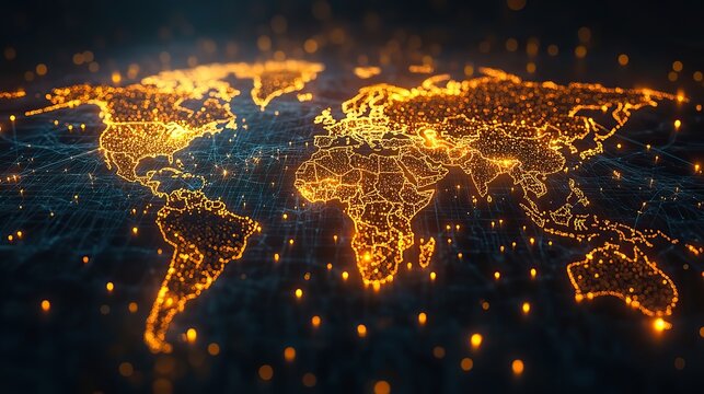 Fototapeta A world map highlights global network connectivity for finance transactions, business trading, and telecommunication.