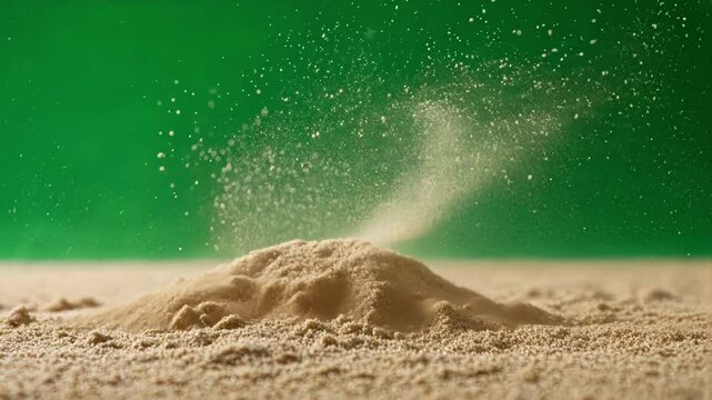 Mesmerizing sand explosion on vibrant green screen background, perfect for blending footage in creative projects. Rich textures in green and brown add natural element