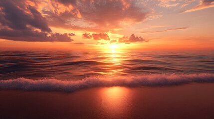 Obraz premium breathtaking sunset over ocean, with vibrant colors reflecting on waters surface and gentle waves lapping at shore, creating serene atmosphere. 