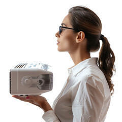 Side view of a woman in a white shirt holding a modern projector, isolated over a white background.