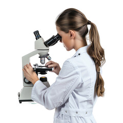 Female scientist analyzing sample under a microscope in a laboratory, highlighting scientific research and discovery in medical fields.