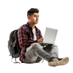 Young male student with a backpack using a laptop while sitting on the floor, focused on learning and studying.