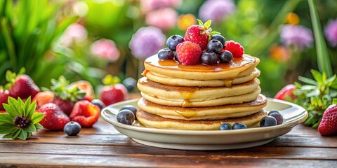 A stack of fluffy pancakes topped with a medley of fresh berries, drizzled with sweet syrup, and surrounded by a natural, verdant backdrop.