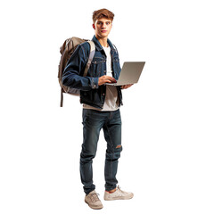 Young man with backpack and laptop, standing and looking confidently, ready for travel or study. Perfect for educational or travel concepts.