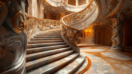 Opulent marble staircase with intricate baroque details soft ambient lighting accentuating the curves and patterns of the stone. Baroque Architecture. Illustration