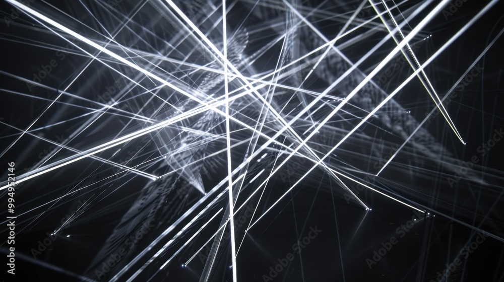 Poster laser light lines crossing each other, forming a web of intersecting paths on a black backdrop, crea