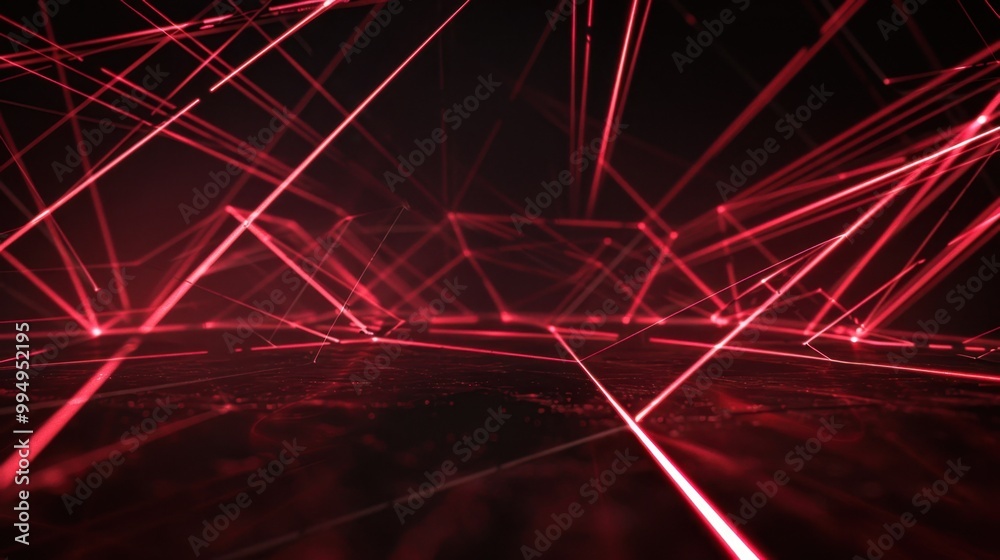 Poster laser light lines crossing each other, forming a web of intersecting paths on a black backdrop, crea