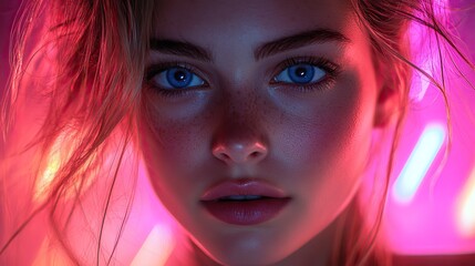 Obraz premium A young woman with intense blue eyes poses against a futuristic neon background, highlighted by fast lighting effects for a dramatic city portrait.