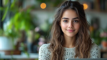 Obraz premium A young, smart Indian IT developer is focused on her laptop in the office, showcasing her skills and professionalism.