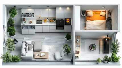 Small Apartment Design: Kitchen, Living Room, Bedroom - Top View