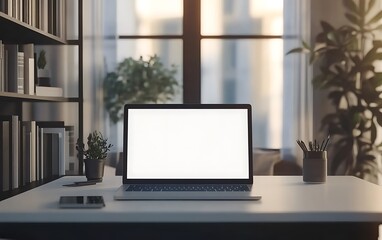 Fototapeta premium Laptop Mockup with White Screen on Desk in Businessman Room