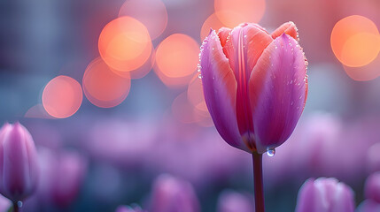 Pink Tulip with Dew Drops in Soft Bokeh Background - Illustration