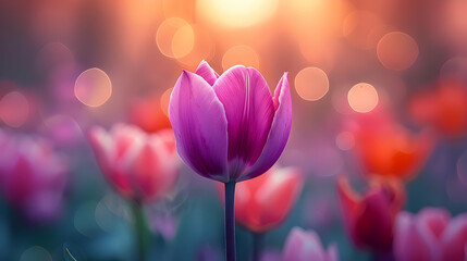 Purple Tulip in a Field of Flowers at Sunset - Realistic Photo