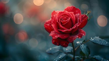 Red Rose with Dew Drops - Closeup Photography
