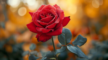 Red Rose with Dew Drops in a Blurred Background - Photography