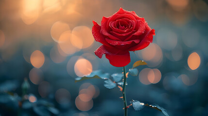 Red Rose with Dew Drops in Soft Bokeh Background - Photo