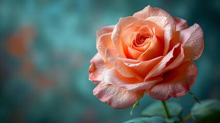 Peach Rose with Dew Drops - Close-Up Photography