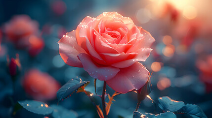 Pink Rose with Dew Drops in a Garden Illustration