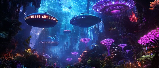 Expansive underwater landscape showcasing advanced submarines